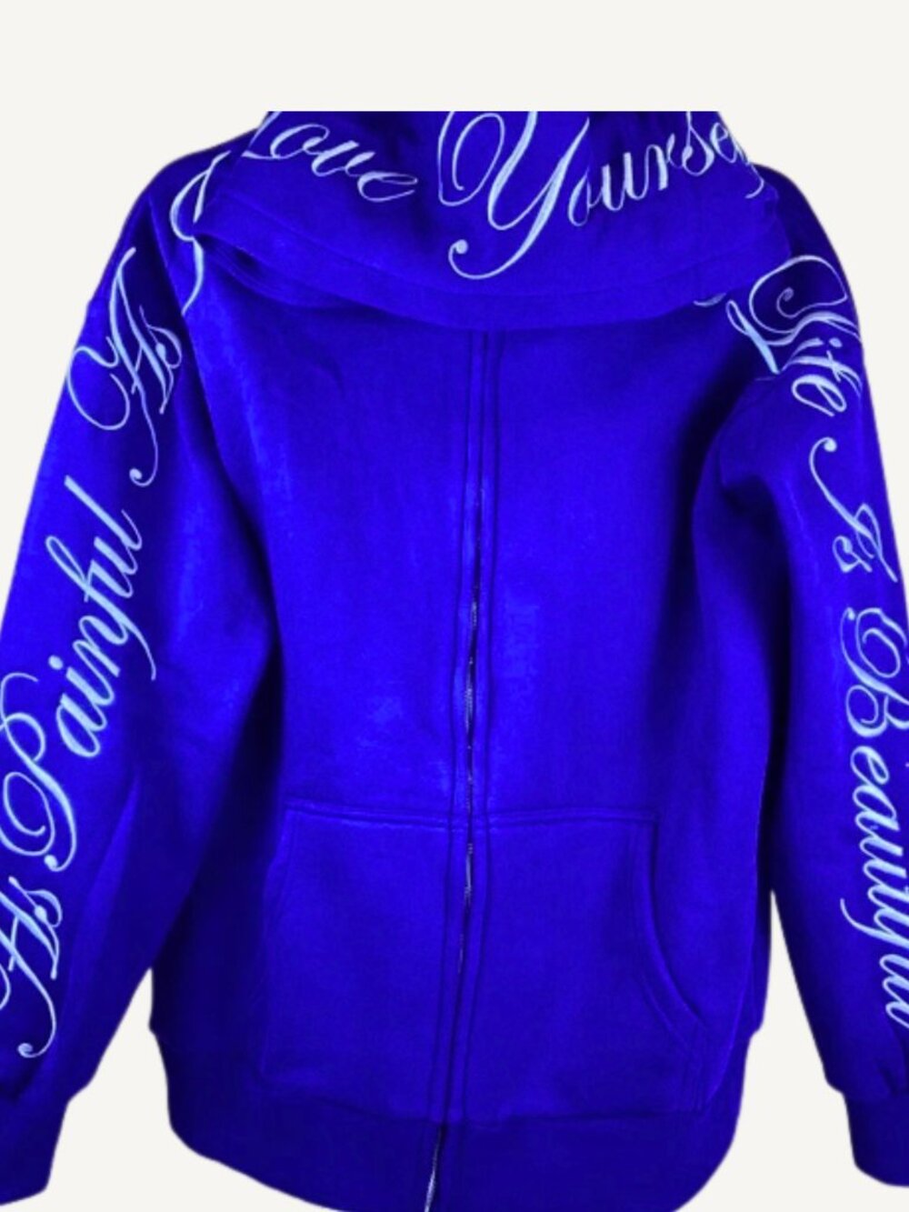 NWT Phora Yours Truly Love Yourself Zip Up Hoodie Blue Script Mens Medium